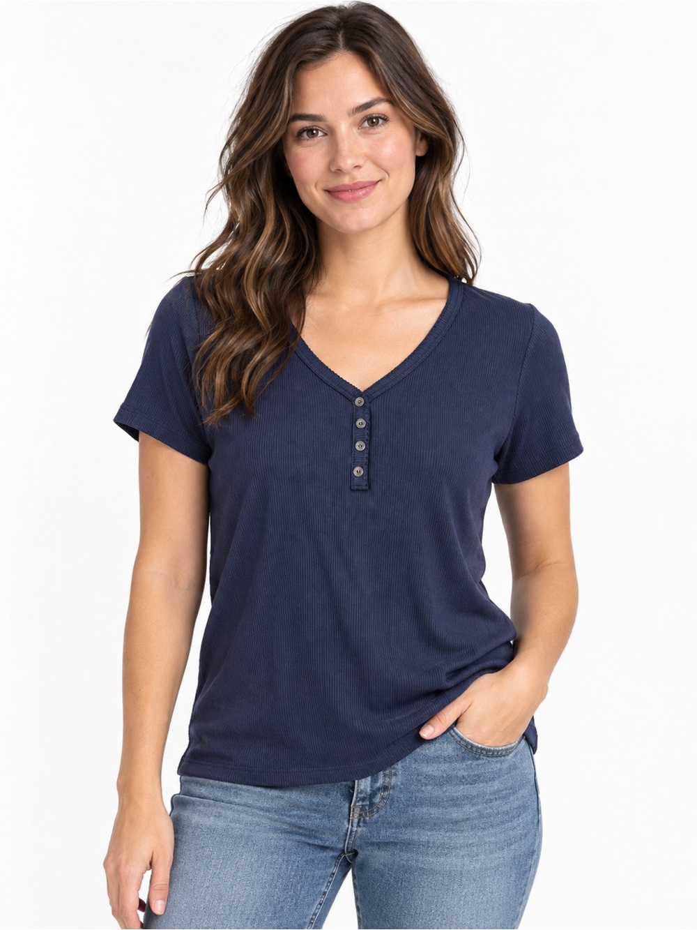 Frankee & Skylar Navy Ribbed Henley V-Neck Top XL